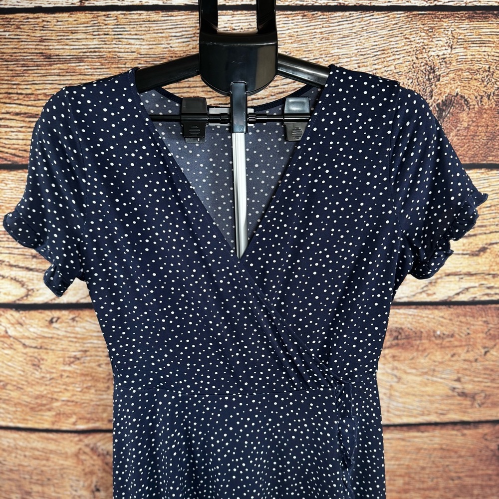 Navy Polka Dot Wrap Dress | Short Sleeve Casual Day‎ Dress | M - Picture 4 of 11